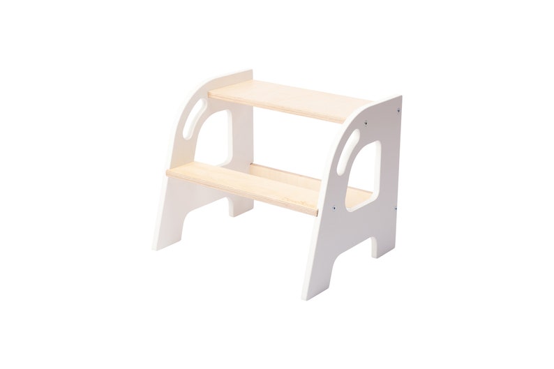 White two-step step stool made out of plywood. Color white and wood. Holds up to 130kg made by DeveKids model KLEC
