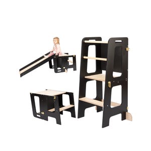 Taburete de aprendizaje Montessori 2-en-1 con tobogán y pizarra para niños a partir de 1 año