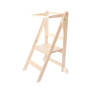 May include: A wooden step stool with a safety rail and a seat. The stool is made of natural wood and has a light brown finish.