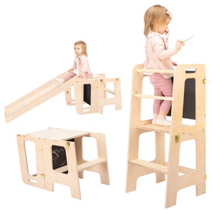 May include: A wooden playset with a slide, a chalkboard, and a step stool. The playset is designed for children to climb, slide, and play. It is made of natural wood and has a light brown finish.