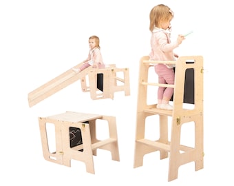 2 in 1 Kitchen Tower with Slide and a Blackboard