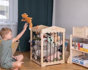Opberger speelgoeddierentuin | Opbergkooi voor knuffels | Vrijstaande pluche dierenhouder met gemakkelijk toegankelijke touwen en mobiliteitsbasis