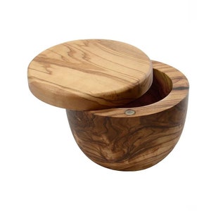 Olivewood Salt and Pepper Container Pot with Magnetic Lid, Kitchen Food Storage Bowl