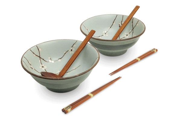 Floral Pattern Hana Light Green Japanese Ramen Bowl Set With -