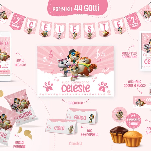 digital birthday party PARTY KIT 44 cats, digital birthday party kit, child's party, customizable, tag, menu, invitation