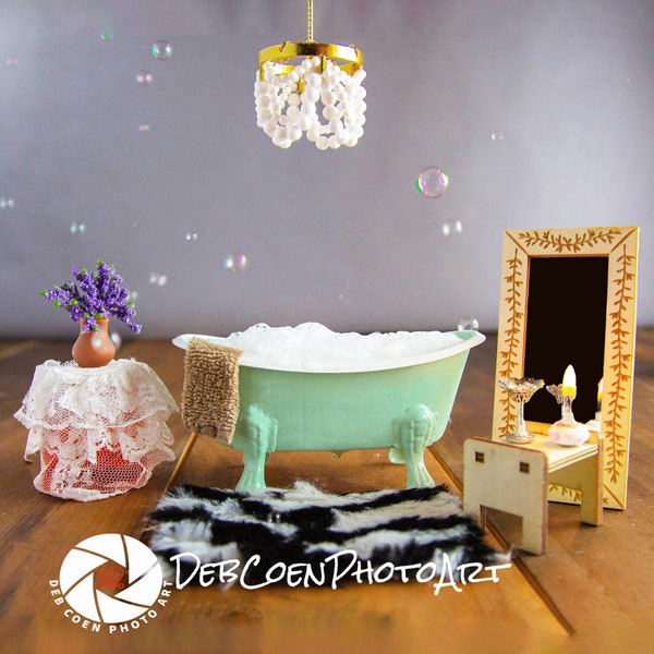 Vintage looking miniature scene with bubbles in a clawfoot tub for Bathroom wall, mini chandelier, table, bathroom art, bubble bath photo