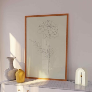 One Line Art Marigold October Birth Flower Print | Downloadable Print Poster Art | Flower Wall Art Set Download | Simple Flower Art
