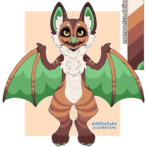 May include: A digital illustration of a bat-like creature with brown fur, a white chest, and large green wings. The character has yellow eyes, a green nose, and pointed ears with green inner details. Text reads momos.fur.atelier and APPLEPUP ILLUSTRATIONS.