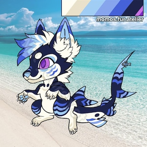 May include: A cartoon illustration of a hybrid creature with a wolf-like head and a shark tail. The character is primarily navy blue, white, and light blue, with purple eyes and a fish detail on the tail. The text "momos.fur.atelier" is visible.