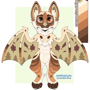 May include: A digital illustration of a bat-like creature with cream and brown fur, large orange eyes, and pointed ears. The wings feature a pattern of brown leaves and pine trees. Text includes momos.fur.atelier and APPLEPUP ILLUSTRATIONS.