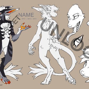 Könnte beinhalten: Digitaler Kunstdruck mit einer stilisierten anthropomorphen Kreatur in Schwarz, Weiß und Grau. Das Kunstwerk umfasst eine Ganzkörperillustration, eine Rückansicht und verschiedene Kopf- und Gesichtsausdrücke. Die Kreatur hat orangefarbene Krallen und Ohrakzente.