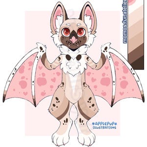 May include: A digital illustration of a bat-like creature with light tan fur, dark brown spots, and large red eyes. The creature has expansive pink wings patterned with small hearts and spots. Text reads momos.fur.atelier and APPLEPUP ILLUSTRATIONS.