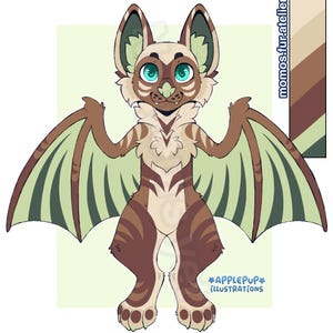 May include: A digital illustration of a bat-like creature with brown and cream fur, large teal eyes, and pale green wing membranes. The character features dark brown stripes, pointed ears, and a small nose. Text reads momos.fur.atelier and APPLEPUP ILLUSTRATIONS.