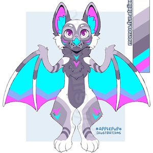 May include: A digital illustration of an anthropomorphic bat character with grey, white, cyan, and magenta fur. The creature features large ears, purple eyes, and wings with a chevron pattern. Text includes momos.fur.atelier and APPLEPUP ILLUSTRATIONS.