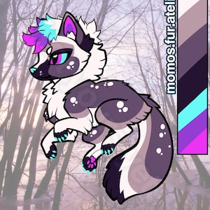 May include: A cartoon-style illustration of a fox-like character, featuring a white and purple body with teal and pink accents. The image includes the text "momos.fur.atelier" and a colour palette.