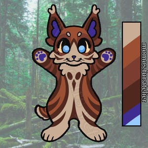 May include: A cartoon-style lynx illustration with brown and tan stripes, blue eyes, and purple paw prints. The lynx has large ears with blue accents. A color palette with brown, tan, and blue tones is on the right. The text "momos.furatelier" is on the right.