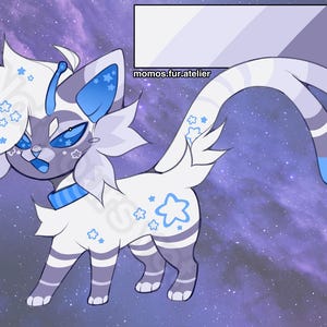 May include: A digital illustration of a cat-like creature with white, gray, and blue fur, featuring star-shaped markings, a striped tail, and a blue collar. The character has large blue eyes and fluffy hair. Text reads momos.fur.atelier.