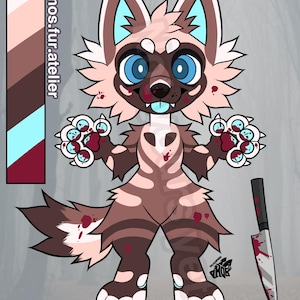 May include: A digital illustration of a brown and cream-colored anthropomorphic fox character with large blue eyes, teal inner ears, and paw pads. The character has red blood-like splatters on its fur and paws, and a silver knife with a black handle.