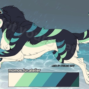 以下が含まれることがあります： ターコイズ、緑、ネイビーブルーのカラーパレットを使用した、走っているポーズのスタイリッシュなオオカミのイラスト。オオカミは白いお腹とアクセントを持っています。画像には「momos.fur.atelier」と「LINES BY STERLING KATO」の文字が含まれています。