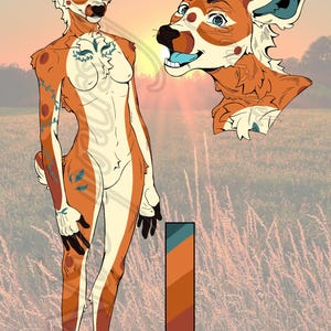 May include: Digital artwork of a deer-like humanoid character in orange, cream, and brown, with blue details. The character has a stylized design with tattoos and a colour palette displayed. The background shows a sunset over a field.