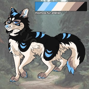 May include: A digital illustration of a wolf character with black, cream, and light blue fur markings. The wolf features blue eyes, a light blue nose, and blue claw accents. A color palette bar and the text momos.fur.atelier are visible.