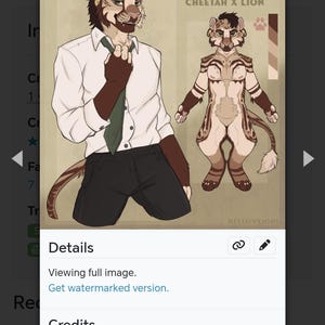 Puede incluir: Ilustración de un personaje llamado Romero, un híbrido Guepardo x León, en dos poses. Una muestra al personaje con camisa blanca, pantalón oscuro y corbata. La otra muestra el cuerpo completo del personaje.