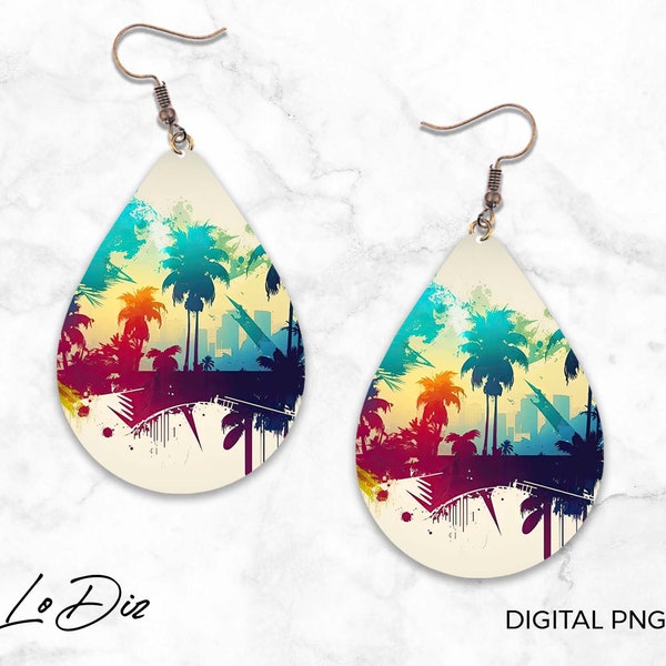 Summer Palm Trees Beach Earring, Sublimation Earring Designs Template, Earring Blanks Design, Teardrop Earring PNG, Instant Digital Download