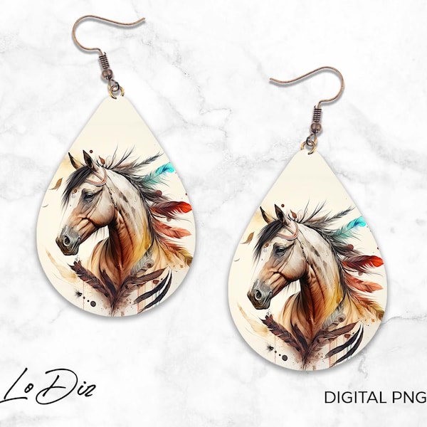 Beautiful Horse with Feathers Sublimation Earring Designs Template PNG, Instant Digital Download, Earring Blanks Design