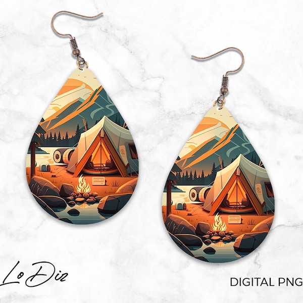 Camping Themed Teardrop Earrings - Rustic Campfire Design - Sublimation PNG - Digital Download