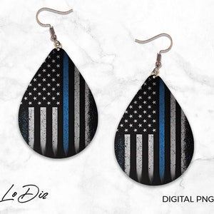 Thin Blue Line Earring, Sublimation Earring Designs Template, Teardrop Earring PNG, Instant Digital Download