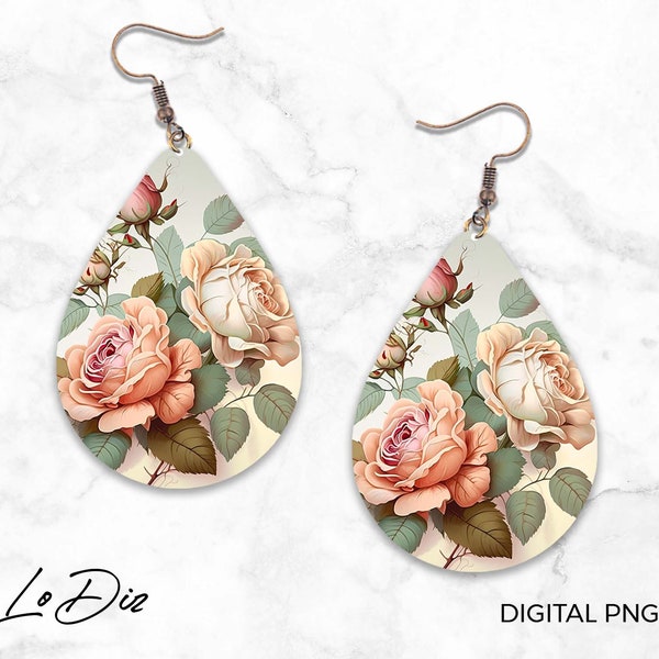 Romantic Roses Teardrop Earrings PNG, Sublimation Designs Downloads, Digital Download