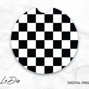 May include: A round car coaster with a black and white checkered pattern. The coaster has a curved notch for easy removal from the car's cup holder. The words "Eko Lo Diz" and "DIGITAL PNG FILES" are printed on the coaster.