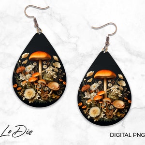Mushroom Wildflowers Teardrop Earring, PNG, Sublimation Designs, Digital Download
