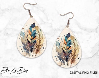 Boucles d'oreilles plumes du Far West PNG Sublimation Design, Boucles d'oreilles en forme de larme Png fichier Téléchargement numérique