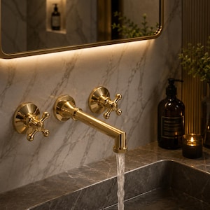May include: A wall-mounted gold faucet with two cross-handle knobs installed above a gray marble sink. Water flows from the central spout into the basin. The fixture features a polished metallic finish and is set against a white marble wall.