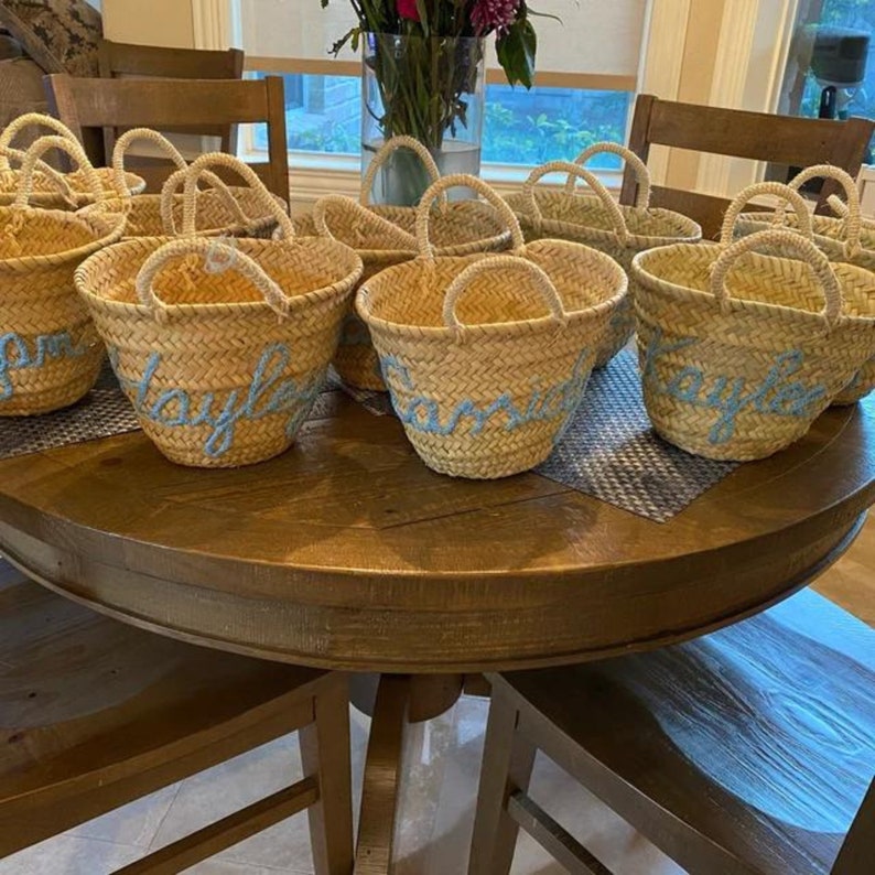 Op de afbeelding: Een groep van acht kleine, geweven manden met blauwe handvatten en gepersonaliseerde namen in blauwe letters. De manden zijn gerangschikt op een houten tafel.