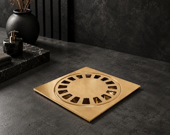 Unlacquered Brass Square Shower Floor Drain, Solid Brass Outdoor Floor Drains