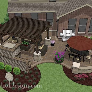 DIY Patio Plan with Seating Wall, Pergola and Fireplace 630 Sq. Ft.
