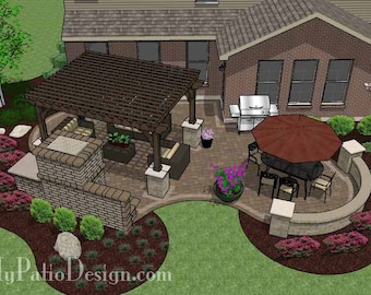 DIY Patio Plan with Seating Wall, Pergola and Fireplace 630 Sq. Ft.