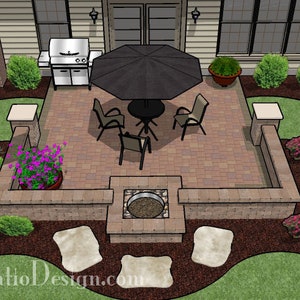 May include: A brick patio with a black umbrella, a fire pit, and a grill. There are four chairs around a table under the umbrella. The patio is surrounded by landscaping with plants and flowers.