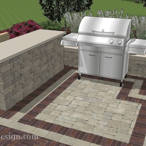 Outdoor grill station with attached bar is meant for roll around grills with a maximum width of 60 inches. It is built out of 4 inch by 8 inch by 12 inch tumbled patio block. Our plans show how to build this grill station step by step.