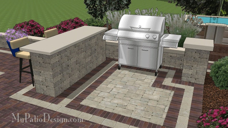 Outdoor grill station with attached bar is meant for roll around grills with a maximum width of 60 inches. It is built out of 4 inch by 8 inch by 12 inch tumbled patio block. Our plans show how to build this grill station step by step.