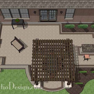 Op de afbeelding: Een luchtfoto van een achtertuin terrasontwerp met een pergola, een vuurplaats, een ingebouwde barbecue en een zithoek. Het terras is gemaakt van stenen tegels en heeft een verscheidenheid aan planten en bloemen.