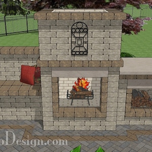 DIY Outdoor Block Fireplace Design with Woodbox and Bench