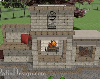 DIY Outdoor Block Fireplace Design with Woodbox and Bench