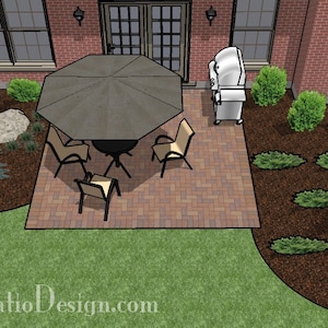 May include: A patio furniture set with a black umbrella, four chairs, and a brick patio. The patio is surrounded by green grass and bushes.
