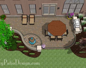Op de afbeelding: Een bovenaanzicht van een terrasontwerp met een bakstenen huis op de achtergrond. Het terras heeft een gebogen stenen muur met een kleine fontein, een eethoek met een bruine parasol en een ingebouwde barbecue. Het terras is omgeven door groen gras en beplanting.