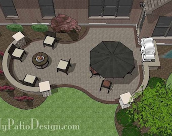 May include: A backyard patio design with a curved stone wall, a fire pit, and a black umbrella. There are chairs and a table under the umbrella. The patio is surrounded by green grass and trees.