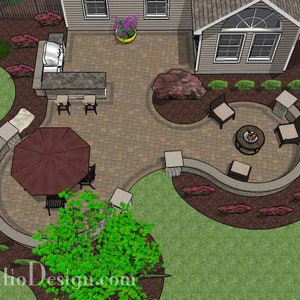 DIY Patio Plan with Two Seating Walls and Outdoor Grill Station with Bar 670 Sq. Ft.
