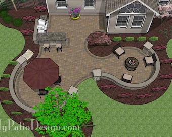 DIY Patio Plan with Two Seating Walls and Outdoor Grill Station with Bar 670 Sq. Ft.